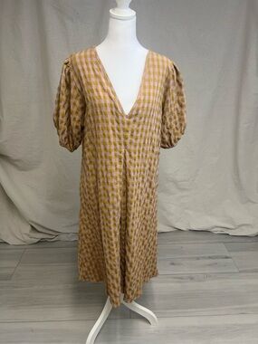 Reminiscence Gingham 3/4 Sleeve V-Neck Midi Dress Mustard Pink Sz XL Cottagecore